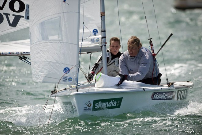 Hannah Mills and Saskia Clark, (GBR) racing in the 470 Women class on day 6 of the Skandia Sail for Gold Regatta, in Weymouth and Portland, the 2012 Olympic venue. © onEdition http://www.onEdition.com